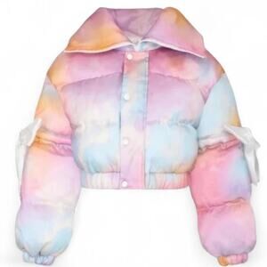 NWT Selkie Marshmallow Pastel Tie Dye Watercolor Cropped Puffer Zip Up Bow 2X